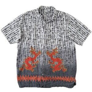 Y2K 90s Mens Button Up Shirt XL Gray Black Dragon Japanese Script Streetwear